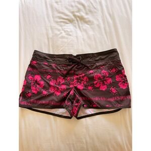 Oxylane Womens Brown Pink Hibiscus Floral Board Shorts Swim Trunks Size 24-25